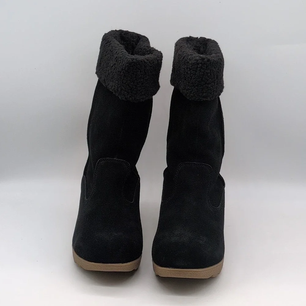 Lands End Shoes Womens Black 9.5 Suede Winter Boots Faux Fur Lined Wedge Pull On